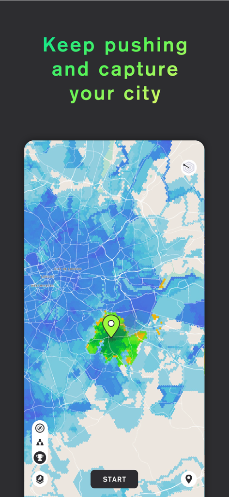 Stride: Fun Fitness Motivation - Eine Kartenansicht in der Stride-App, die hexagonale Kacheln anzeigt, die eingefärbt sind, um erobertes Territorium in einer Stadt darzustellen, mit einem Start-Button.