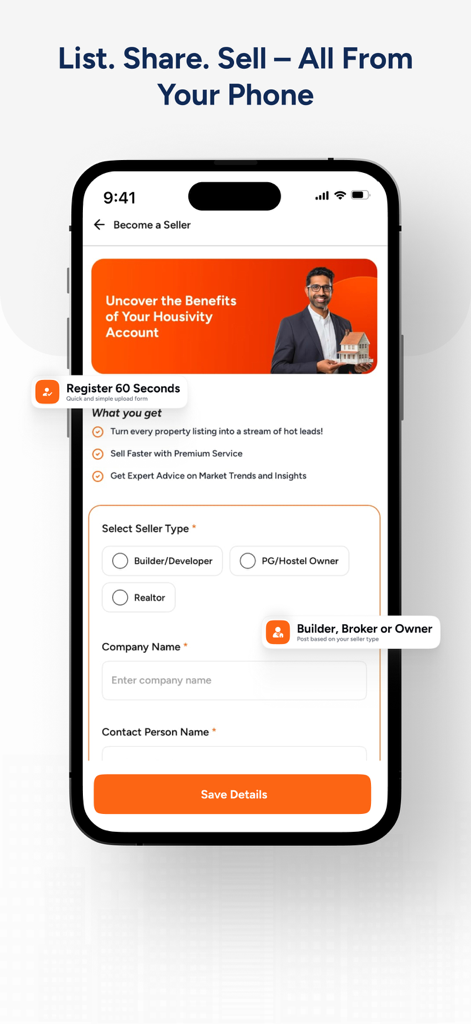 Housivity.com: Buy, Sell, Rent - Housivity App Bildschirm, der das Registrierungsformular für Immobilienprofis zeigt, um Verkäufer zu werden