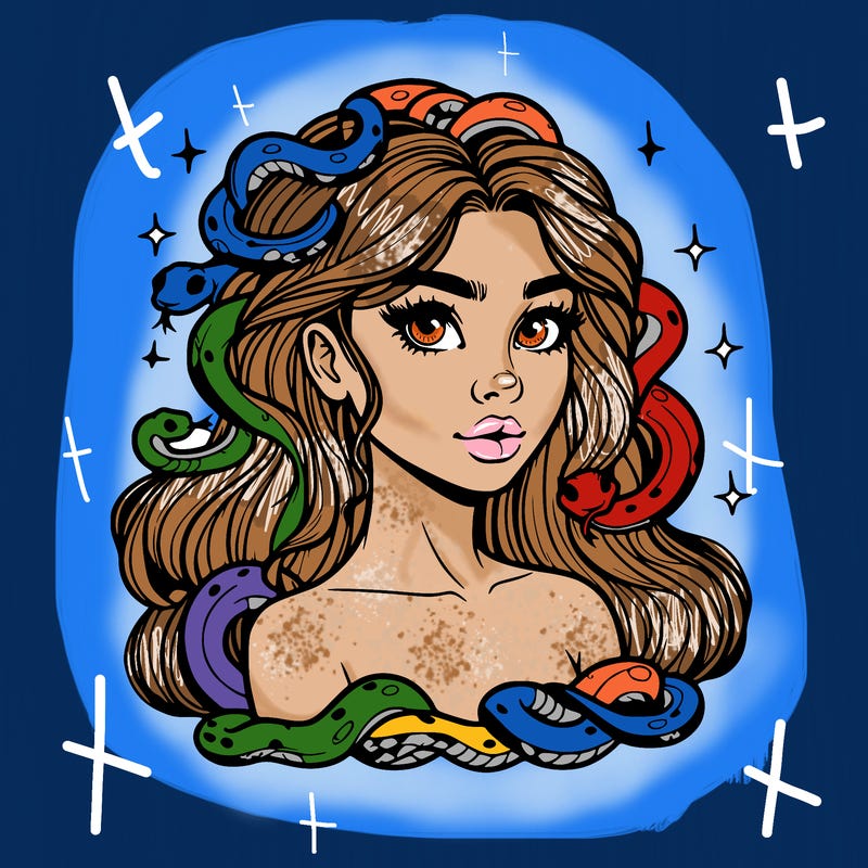 realistic girl with snakes as hair