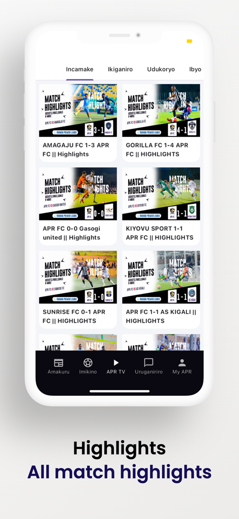 APR FC - Official APR FC app screen showing a gallery of soccer match highlights and scores