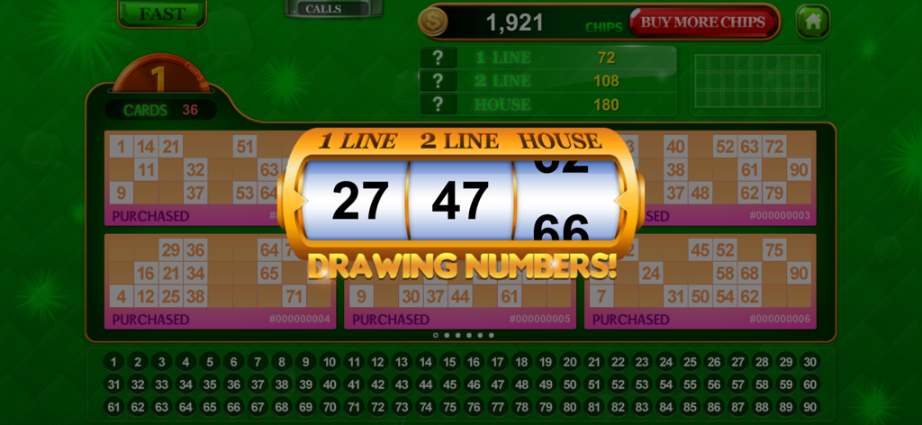 Bingo Solo 90 : 90 Ball Bingo - Interface de jogo Bingo Solo 90 mostrando números sendo sorteados e múltiplas cartelas de bingo de 90 bolas