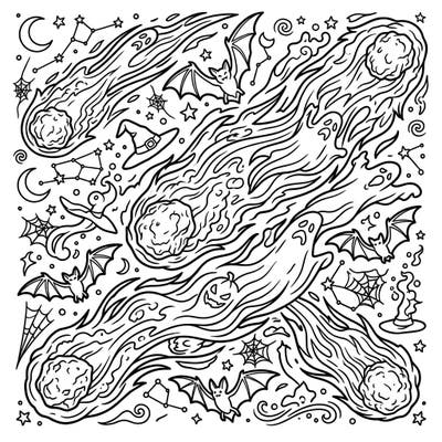 Blast off into a spooky-fun universe with this unique Halloween coloring page, featuring comets streaking through space alongside classic ghoulish elements. Designed specifically for teens, it offers an engaging and detailed coloring experience that's out of this world.