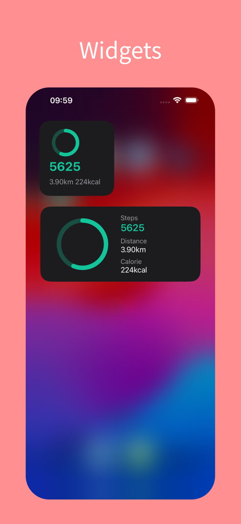 Steps Counter app home screen widgets displaying steps, distance, and calories