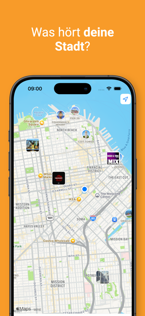 Echo Music app interface showing a city map with album covers pinned to different locations to reveal what local users are listening to.