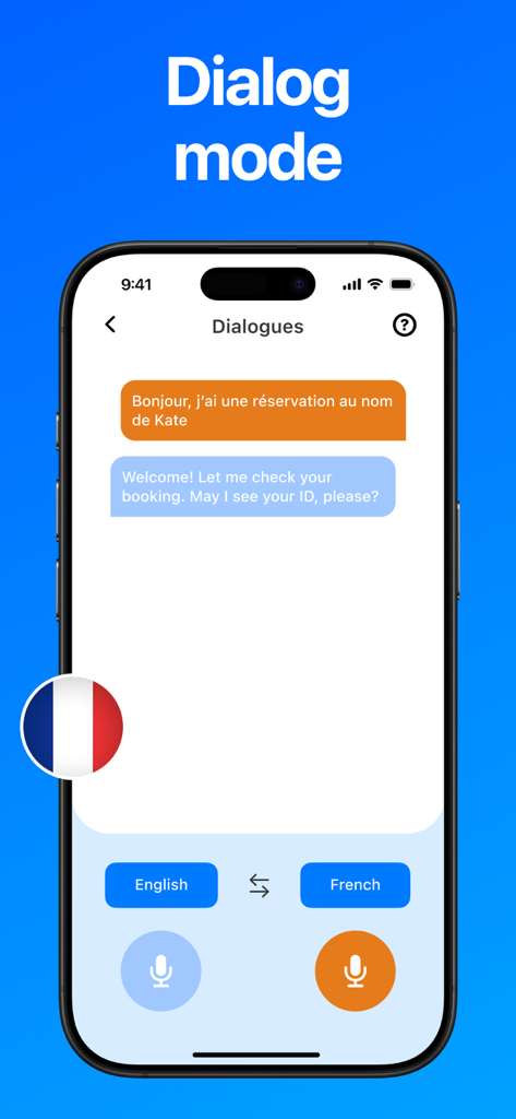AI Translator: AI Lissa - AI Lissa app showing real-time dialog translation between English and French for a hotel booking conversation on an iPhone