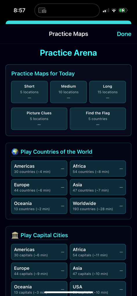 MapTap.gg - Screenshot of MapTap.gg Practice Arena showing various geography quiz modes like countries and capital cities.