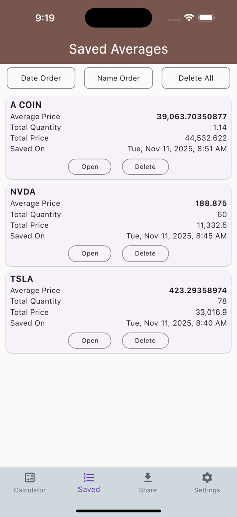 A list of saved average price calculations for stock and crypto assets including NVDA and TSLA on a mobile interface