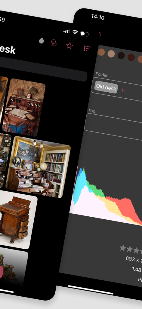Expressive MoodBoardアプリのユーザーインターフェース。画像ギャラリーと、カラーヒストグラムとフォルダタグの詳細ビューを表示しています。
