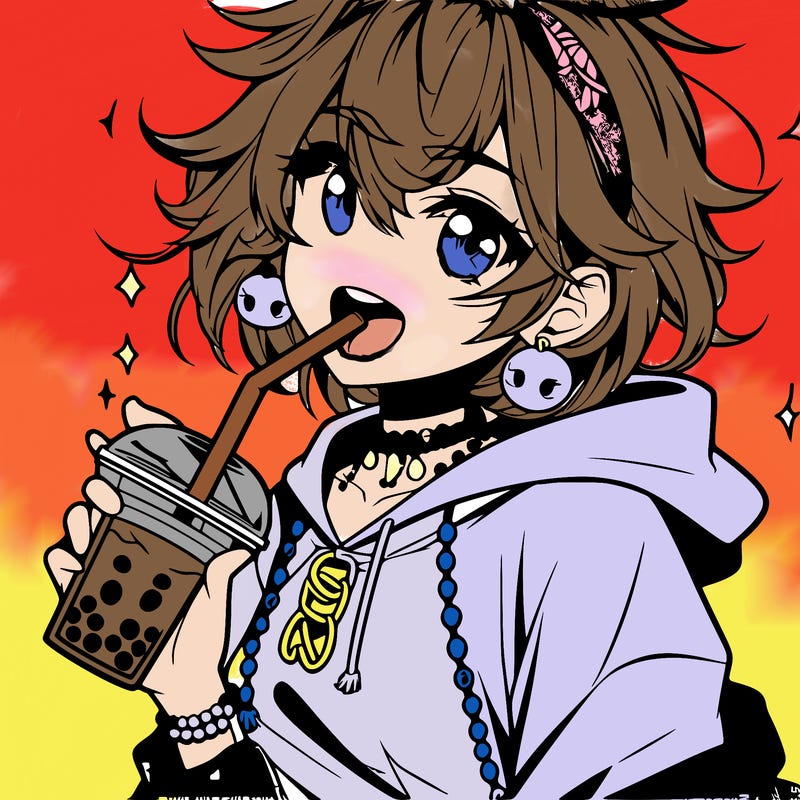 hot baddie anime girl drinking boba and biting the straw