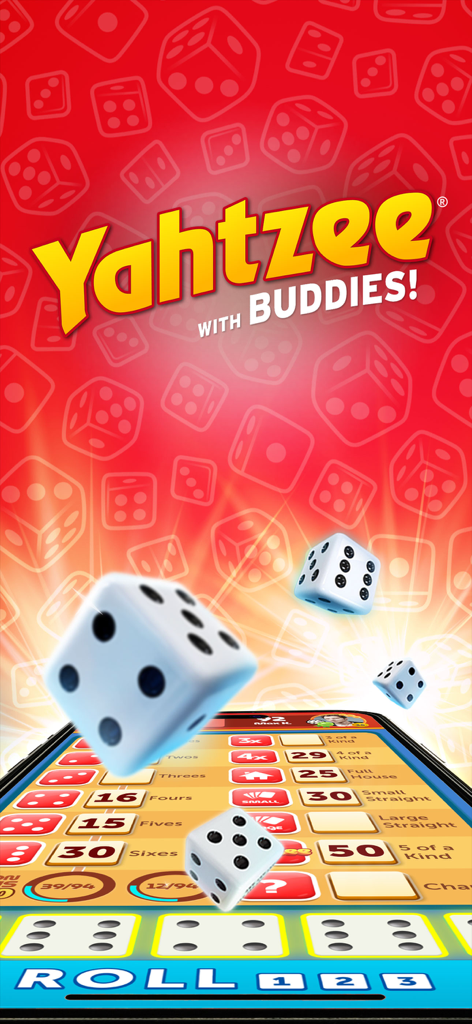 Yahtzee with Buddies mobile game interface featuring 3D rolling dice and a digital scorecard on a red background