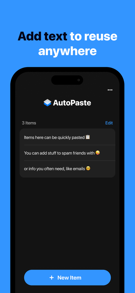 Tela do aplicativo AutoPaste mostrando uma lista de trechos de texto salvos para reutilização rápida e mensagens sociais.
