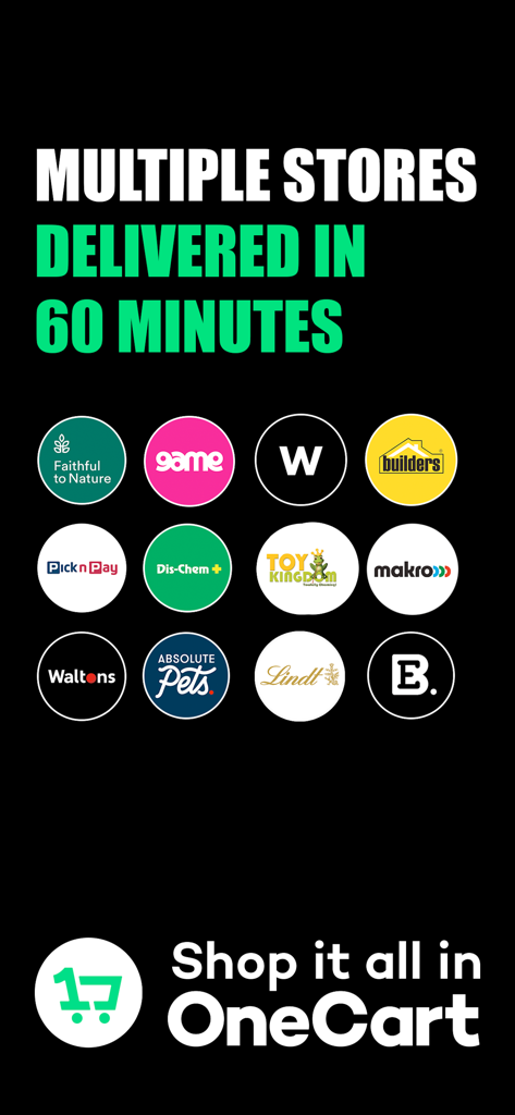 Interface de l'application OneCart montrant la livraison de plusieurs détaillants majeurs en 60 minutes, y compris Woolworths, Makro et Dis-Chem.