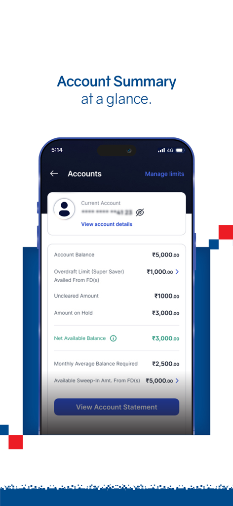 HDFC銀行アプリのインターフェースに、現在の残高と当座貸越限度額の詳細な口座概要が表示されます