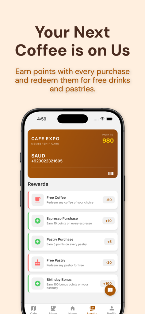 Café Expo - Cafe Expo app loyalty screen showing reward points and digital membership card