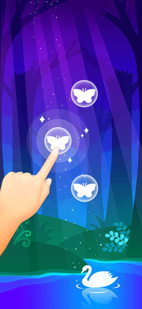 A hand tapping a glowing butterfly tile in a magical forest music game