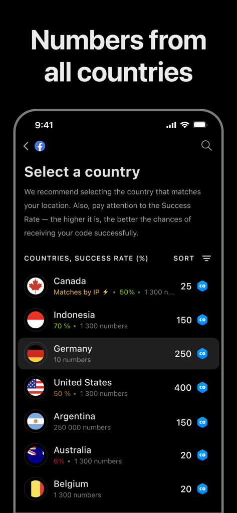 Getcode Pro SMS Virtual Number - Mobile app interface showing a list of countries for selecting a virtual phone number to receive SMS verification codes.