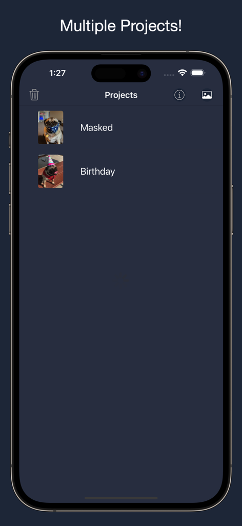 NotanIzer - 여러 개의 저장된 예술 프로젝트 목록과 썸네일을 보여주는 NotanIzer 앱의 스크린샷.
