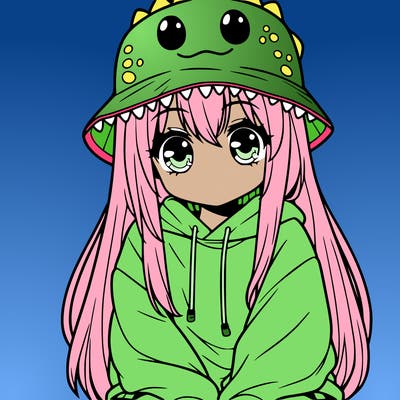 girl with anime shaped eyes with a dinosaur bucket hat oversized sweatshirt long straight hair