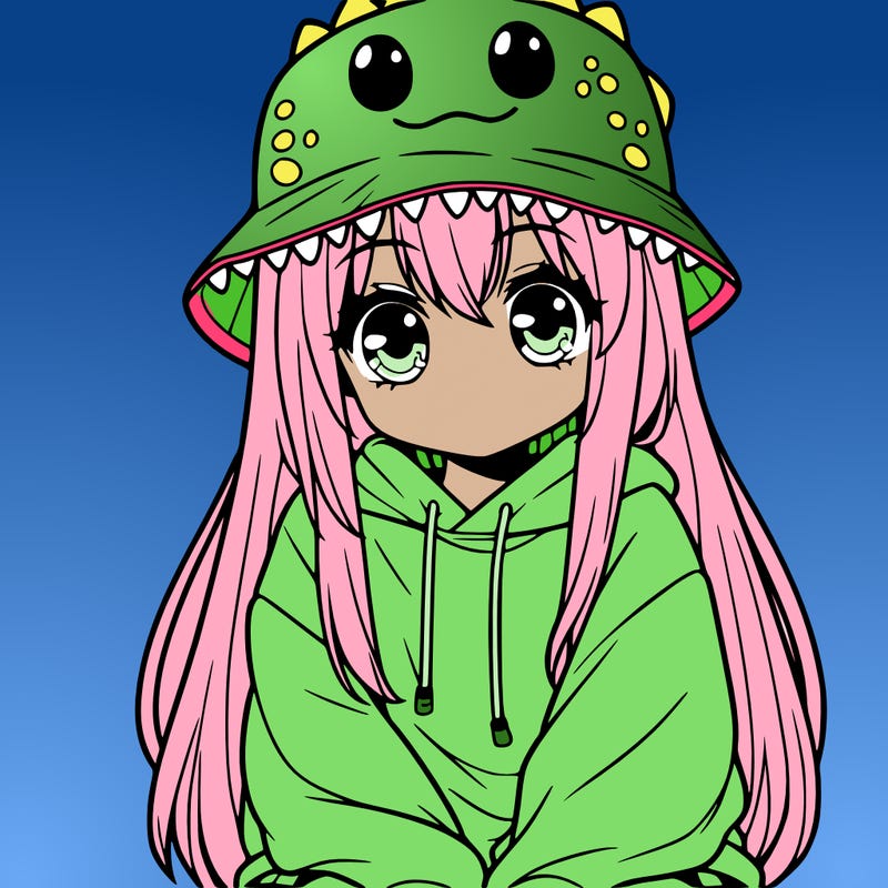 girl with anime shaped eyes with a dinosaur bucket hat oversized sweatshirt long straight hair