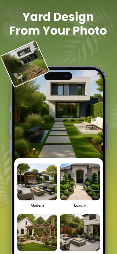 Interface do aplicativo Yard AI mostrando uma transformação de quintal de uma foto para um design de paisagismo moderno