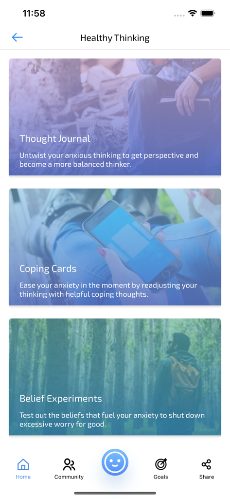 MindShift CBT app interface displaying Healthy Thinking modules including Thought Journal Coping Cards and Belief Experiments.