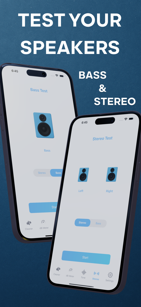Remove Water From Phone App - Dois iPhones exibindo os recursos de teste de graves e alto-falantes estéreo do app Remove Água do Celular