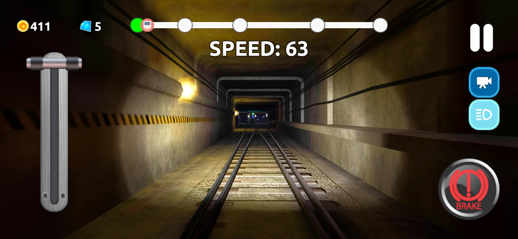 속도 및 제동 장치가 있는 터널을 통과하는 지하철 열차 운전의 1인칭 시점