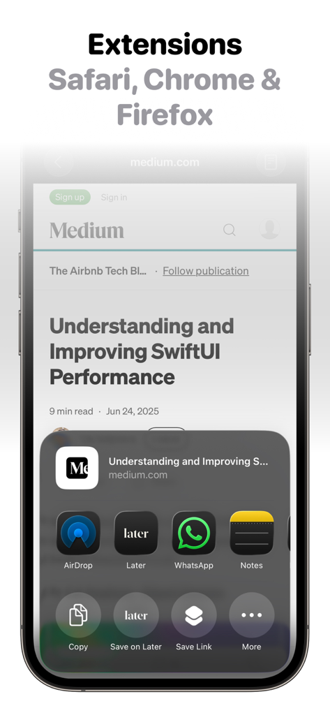 Later | Save Links, Read Later - iPhone screen showing the Later app share extension in the iOS share sheet for saving a web article.