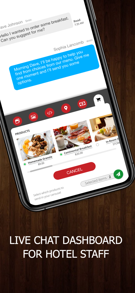 Interface of the OKKAMI live chat dashboard for hotel staff showing a guest messaging with a staff member to order breakfast options from a product carousel.