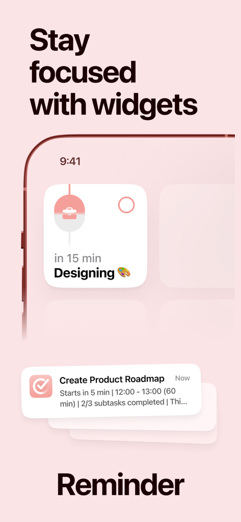 Structured 앱 내에서 디자인용 작업 위젯과 제품 로드맵 미리 알림 알림을 표시하는 iPhone 화면입니다.
