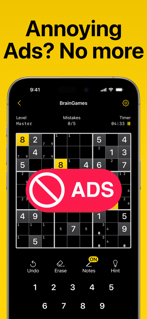 Sudoku Logic Puzzle BrainGames - Screenshot of Sudoku Logic Puzzle BrainGames highlighting a no ads experience with a dark themed interface