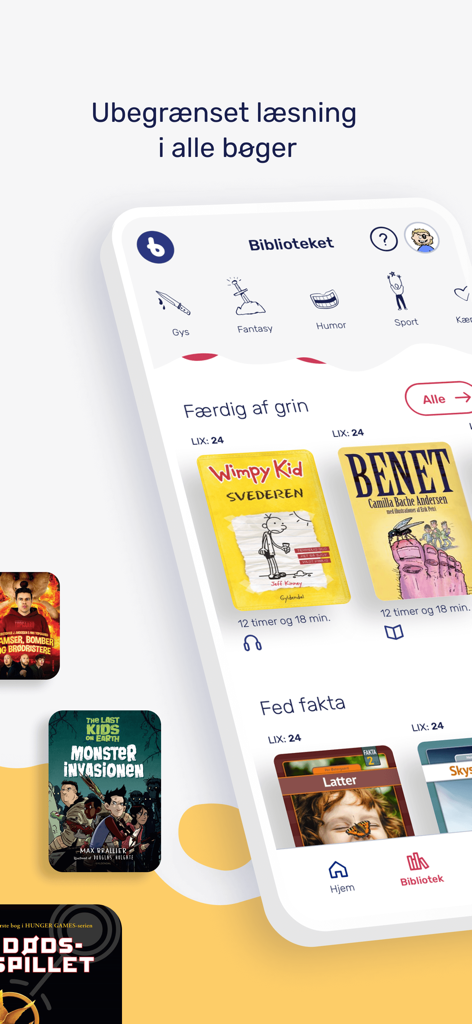 BookBites app interface showing a digital library with book categories and titles for students