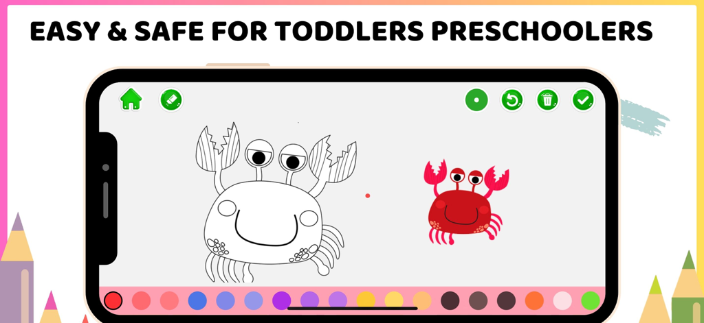 Easy Drawing & Painting - Eine Mal-App-Oberfläche für Kleinkinder, die eine Krabbenzeichnung und eine Farbpalette zeigt