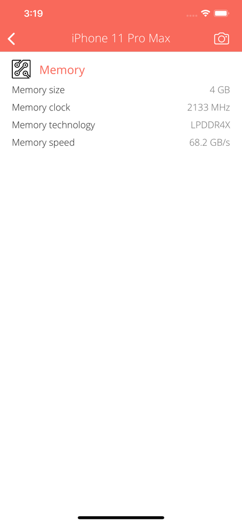 Hotspot Info - Technical memory details for iPhone 11 Pro Max displaying size clock speed and technology