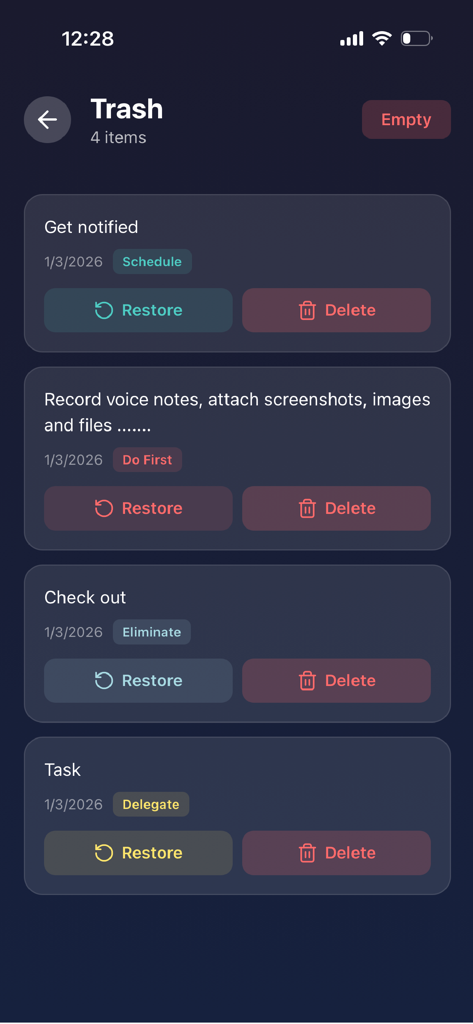 Quadrix - Quadrix app trash folder interface showing deleted tasks with options to restore or permanently delete them
