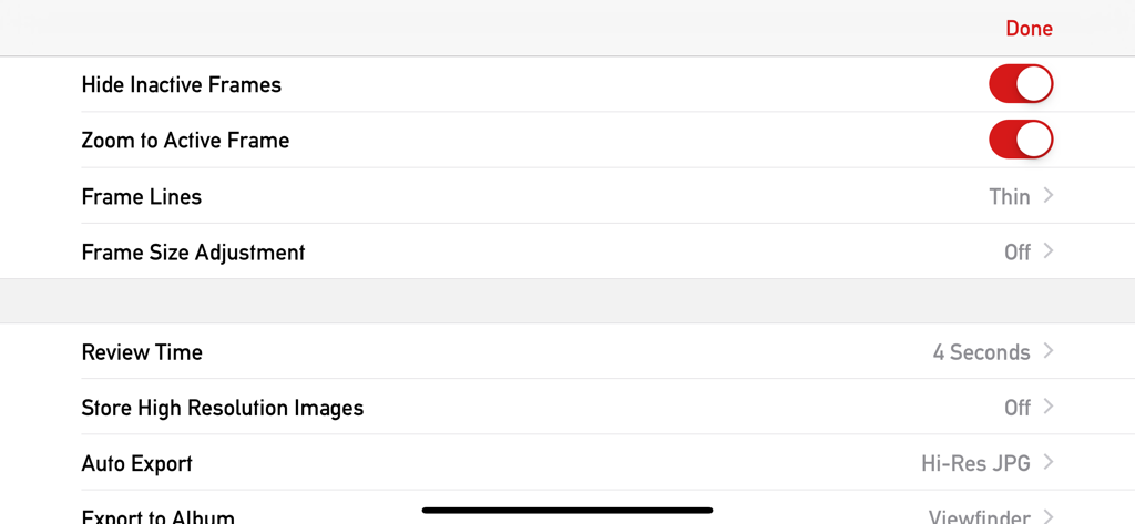 Mark II Artist's Viewfinder - Settings menu for the Mark II Artist's Viewfinder app showing frame customization and export options