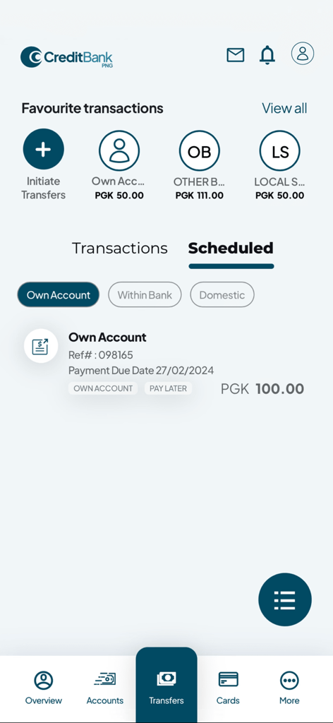 CBP - Interface de l'application mobile Credit Bank PNG montrant le tableau de bord des transferts programmés et des transactions favorites