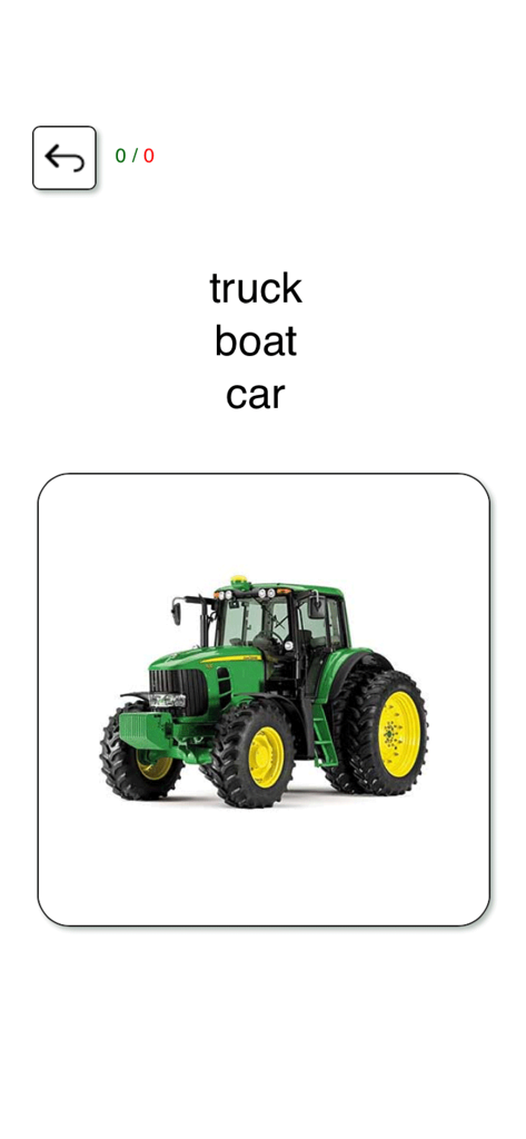 英語の言語クイズインターフェース。輸送関連の単語とトラクターの画像。