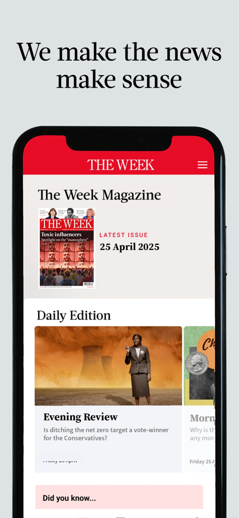 L'écran d'accueil de l'application mobile The Week UK Edition présentant le dernier numéro du magazine et le compte rendu des nouvelles quotidiennes.