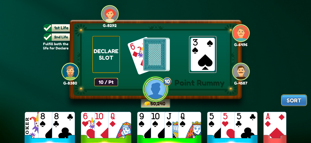 Rummy - The Card Game - Captura de pantalla del juego de Rummy indio de 13 cartas que muestra secuencias y conjuntos de cartas en una mesa de juego digital