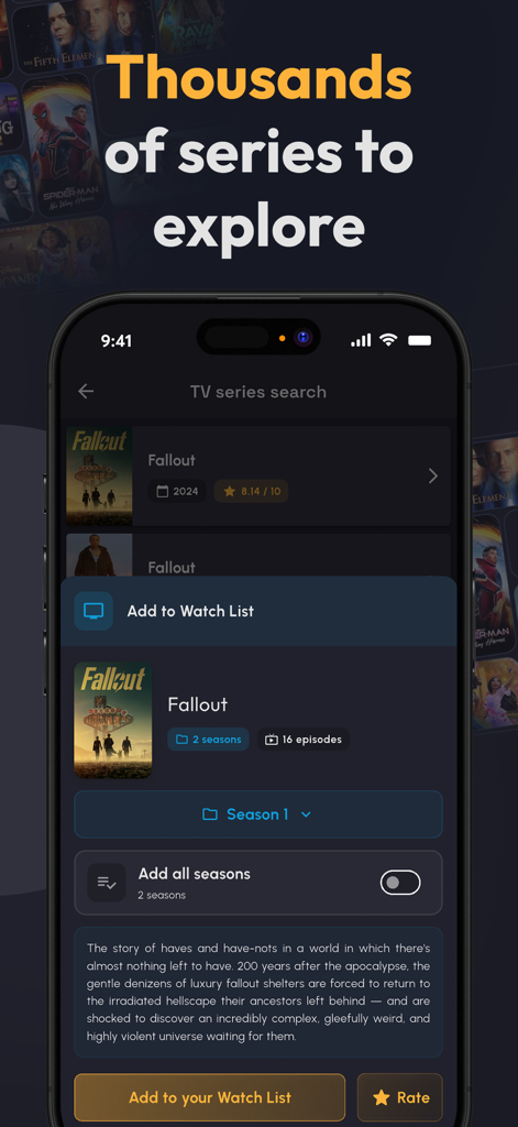 Watch List: TV Series & Movies - Interfaz de aplicación móvil para buscar series de TV mostrando detalles de la serie Fallout y una opción para agregar a la lista de seguimiento