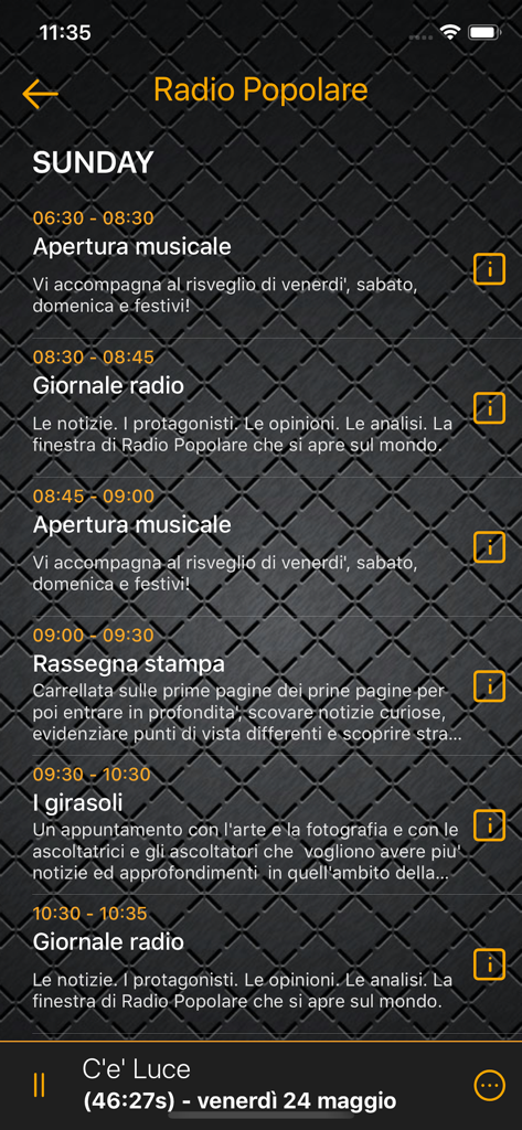 Radio Popolare - Sunday program schedule for Radio Popolare app featuring Italian news and music