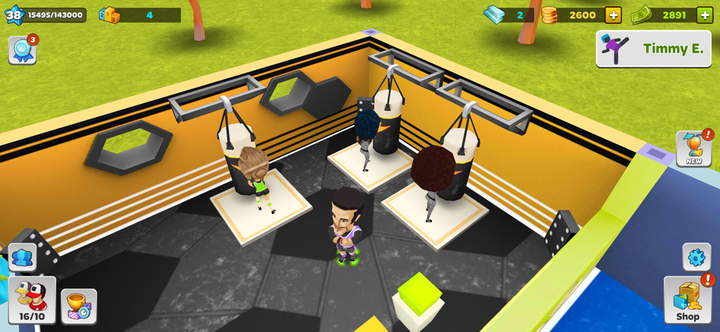 My Gym: Fitness Studio Manager - 3人のクライアントがパンチングバッグを使用し、中央にジムマネージャーがいるボクシングトレーニングエリアのゲーム内ビュー。