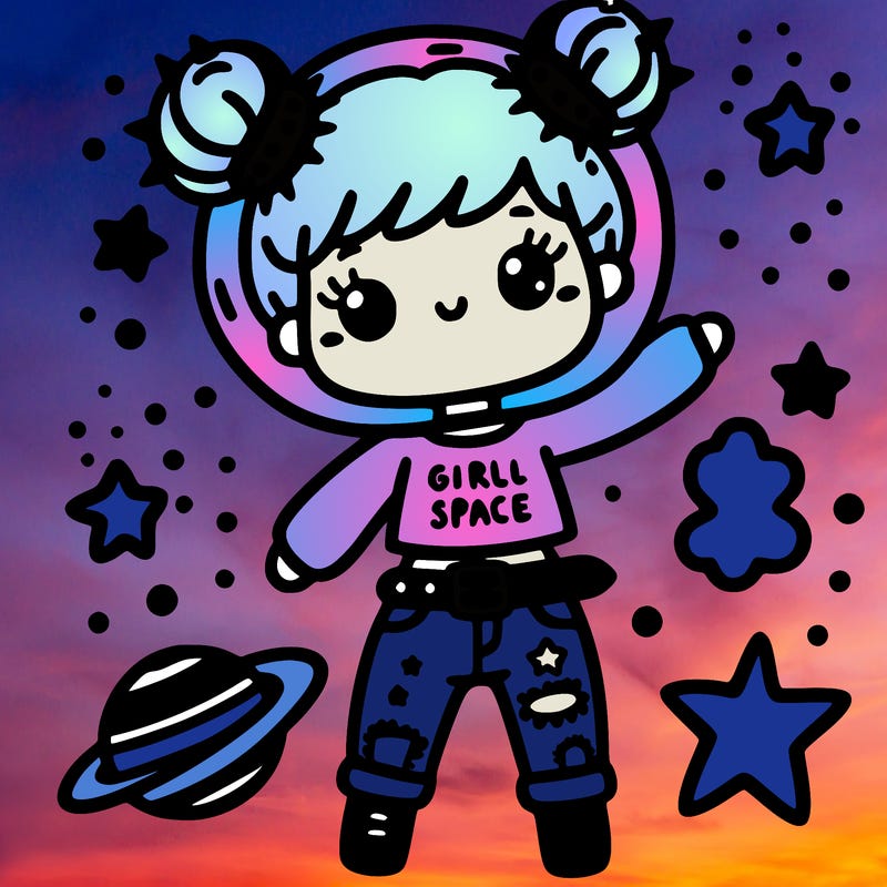 a girl space, buns, pants, and a shirt with a belt spikes on the belt