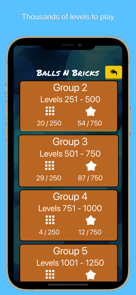 Balls, Bricks, & Puzzles - Level selection screen for the Balls N Bricks game mode showing multiple groups of levels to play