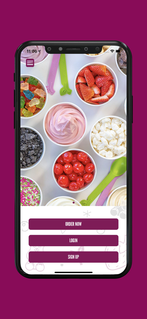 Yogurtland - Yogurtland mobile app welcome screen with buttons for ordering login and sign up