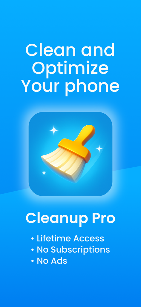 Intro screen for Cleanup Pro app offering lifetime phone cleaning and optimization without subscriptions