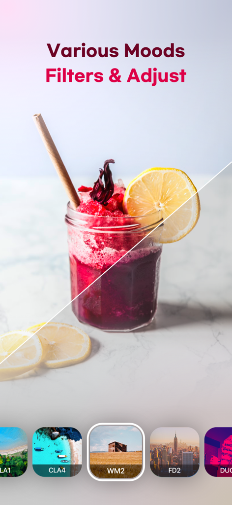 Split screen comparison showing before and after video filter effects with a selection of aesthetic presets in the VDIT app