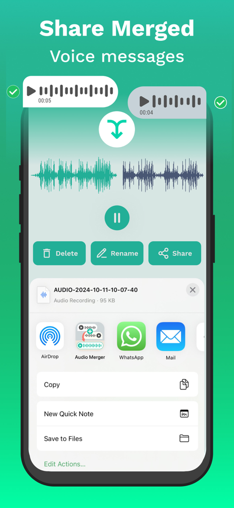 Opciones para compartir notas de voz fusionadas en la aplicación, incluyendo WhatsApp y correo electrónico