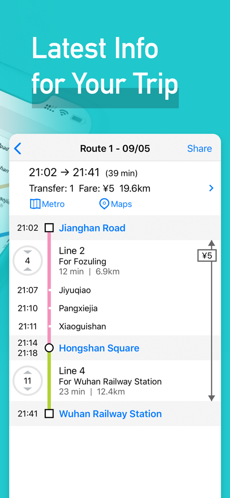 MetroMan Wuhan - MetroMan Wuhan app route planner interface showing trip duration, fare, and transfer information in English.
